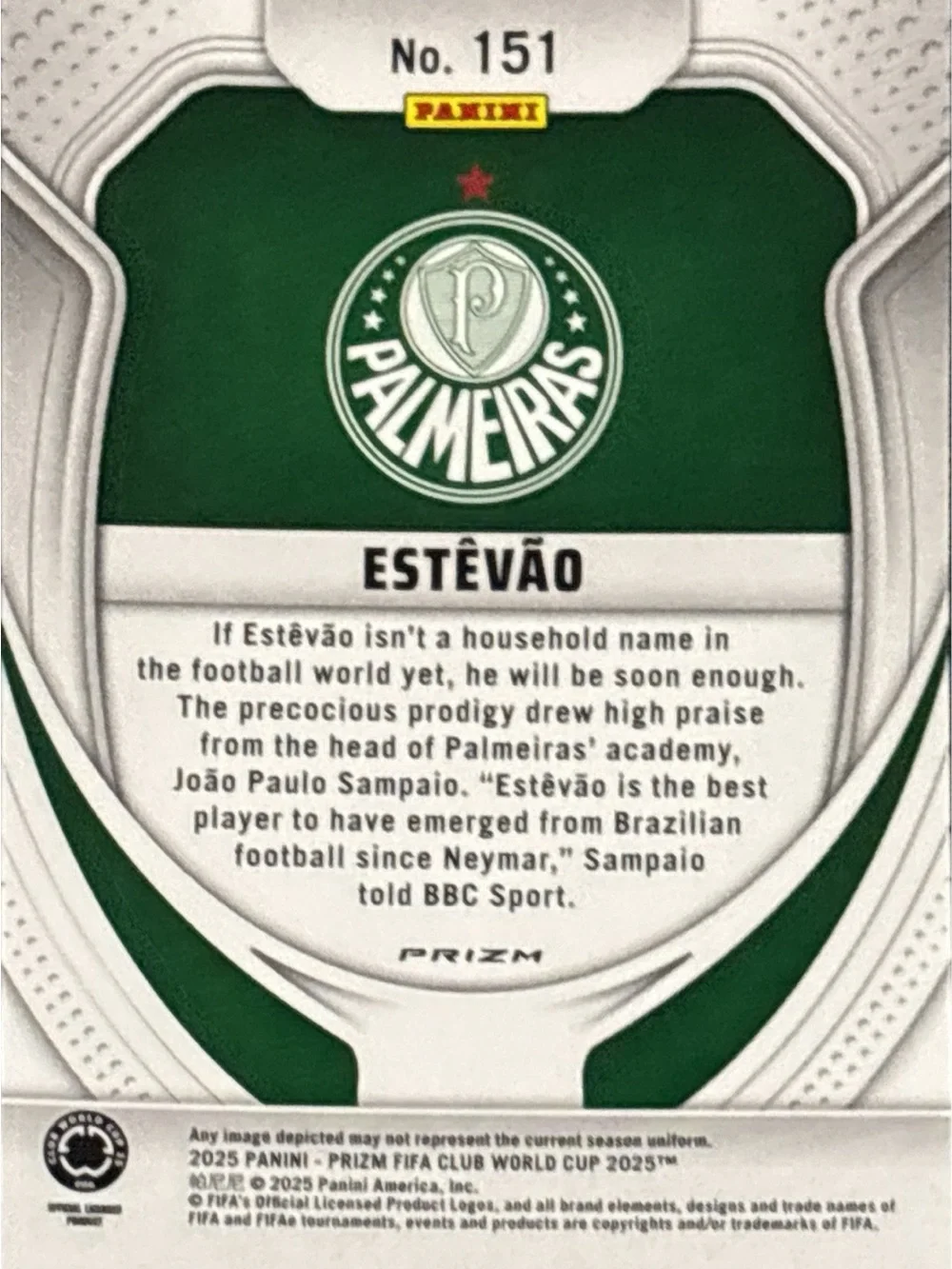 Panini Prizm Estevão Palmeiras Rookie Green Wave Holographic Trading Card